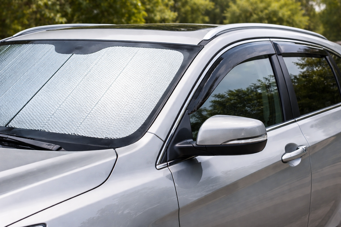 silver sedan parked outdoors with reflective windshield sunshade and dark window visors installed for heat protection and ventilation