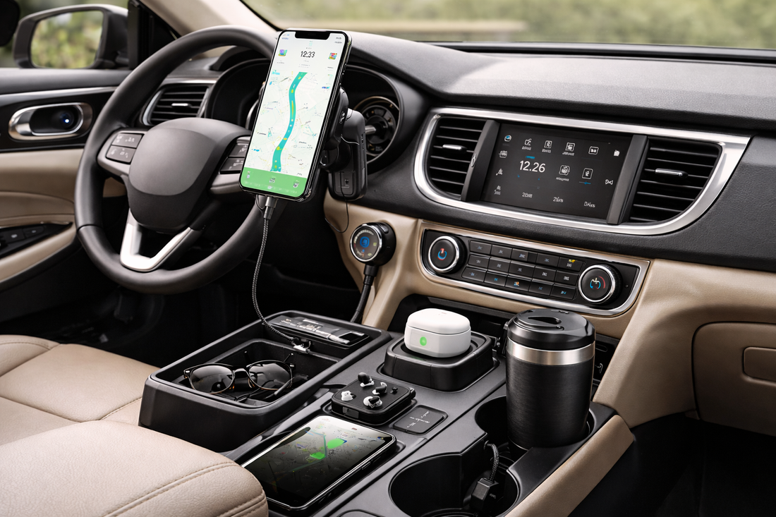 modern car interior with smartphone mount, wireless charger, USB charging adapter, and organized car tech accessories on the center console