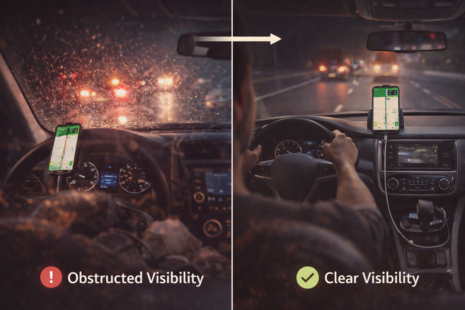 Comparison of obstructed and clear driving visibility at night in rainy conditions, showing how proper interior setup supports driver focus and safety.