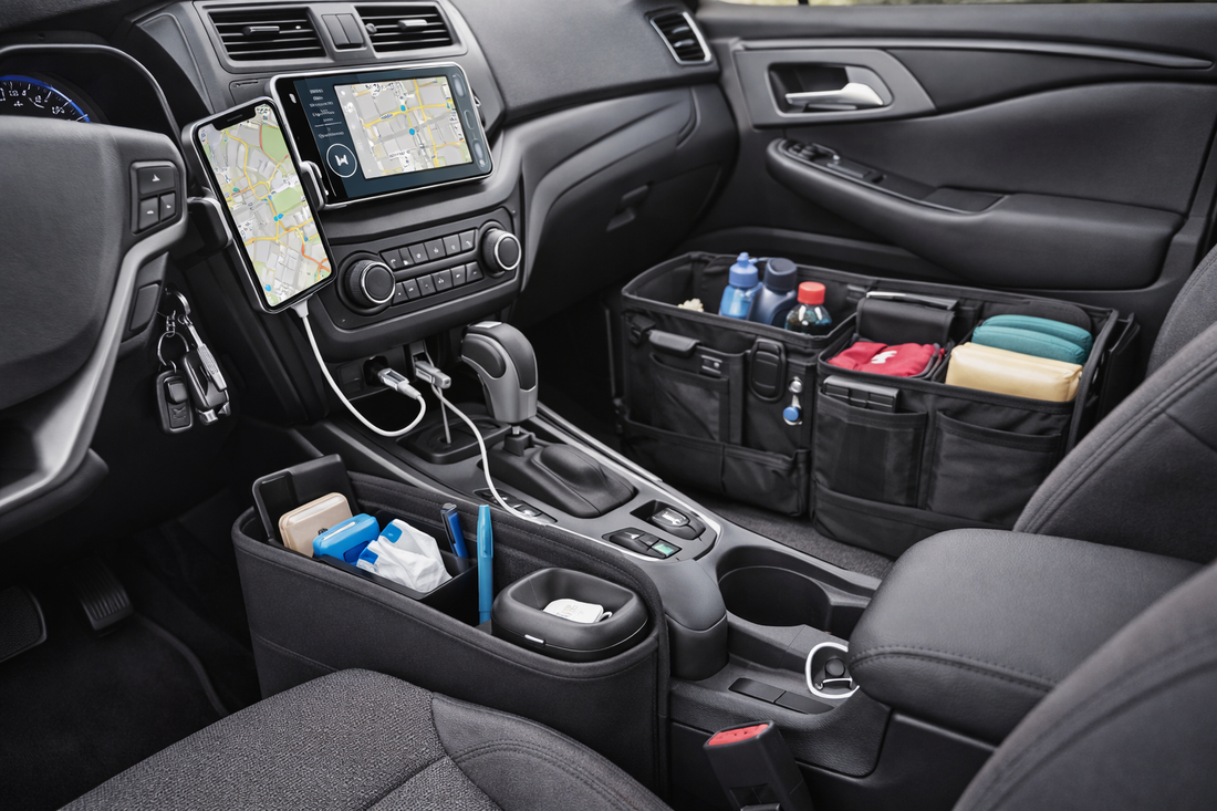 compact car interior with seat gap organizer phone mount charging cables and foldable trunk organizer for space-saving auto storage