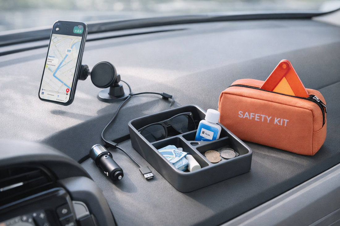 Minimal car tech essentials arranged neatly—phone mount, fast car charger, short cable, console organizer tray, and small safety kit on a clean surface in soft natural light.