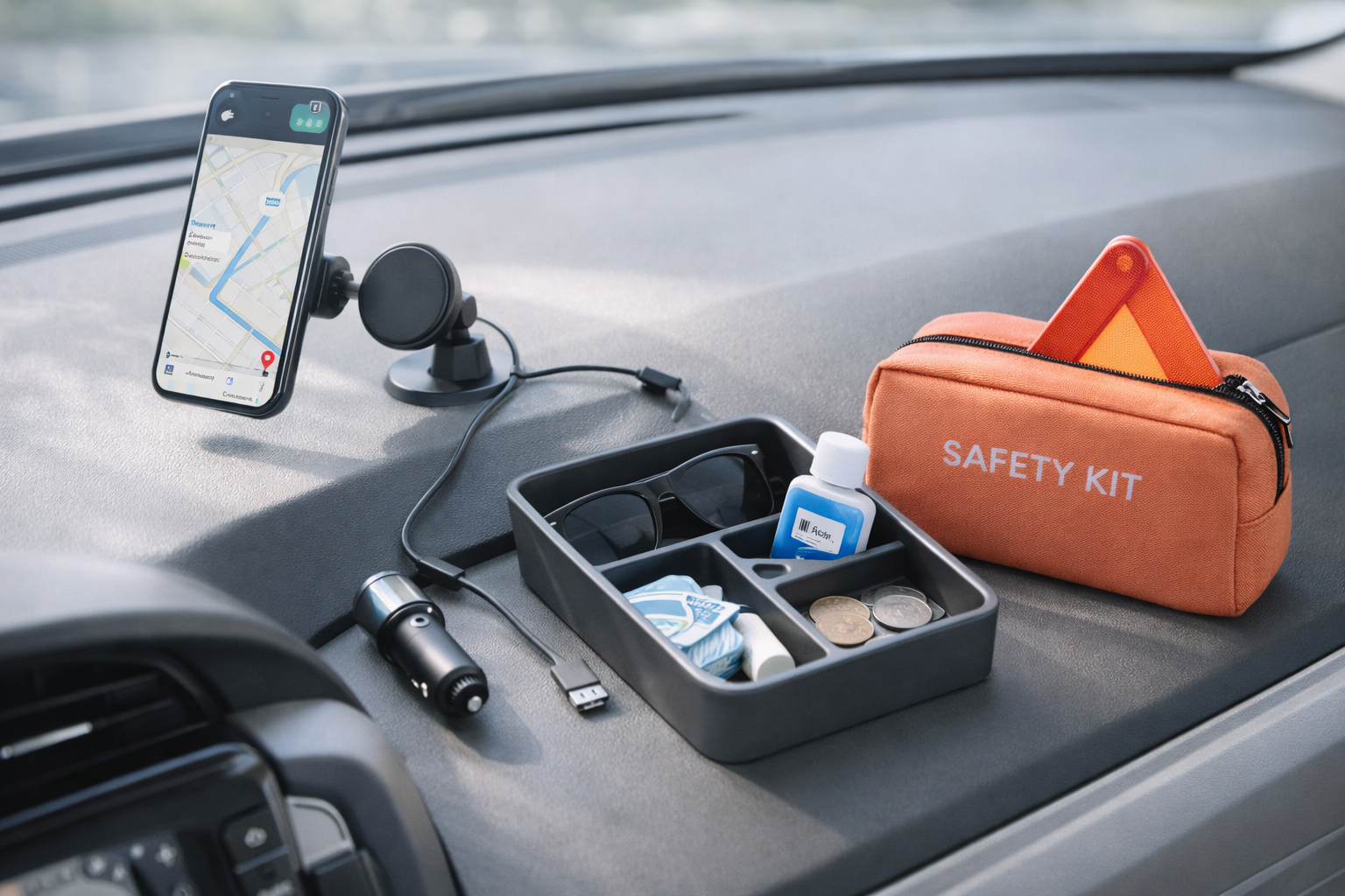 Minimal car tech essentials arranged neatly—phone mount, fast car charger, short cable, console organizer tray, and small safety kit on a clean surface in soft natural light.
