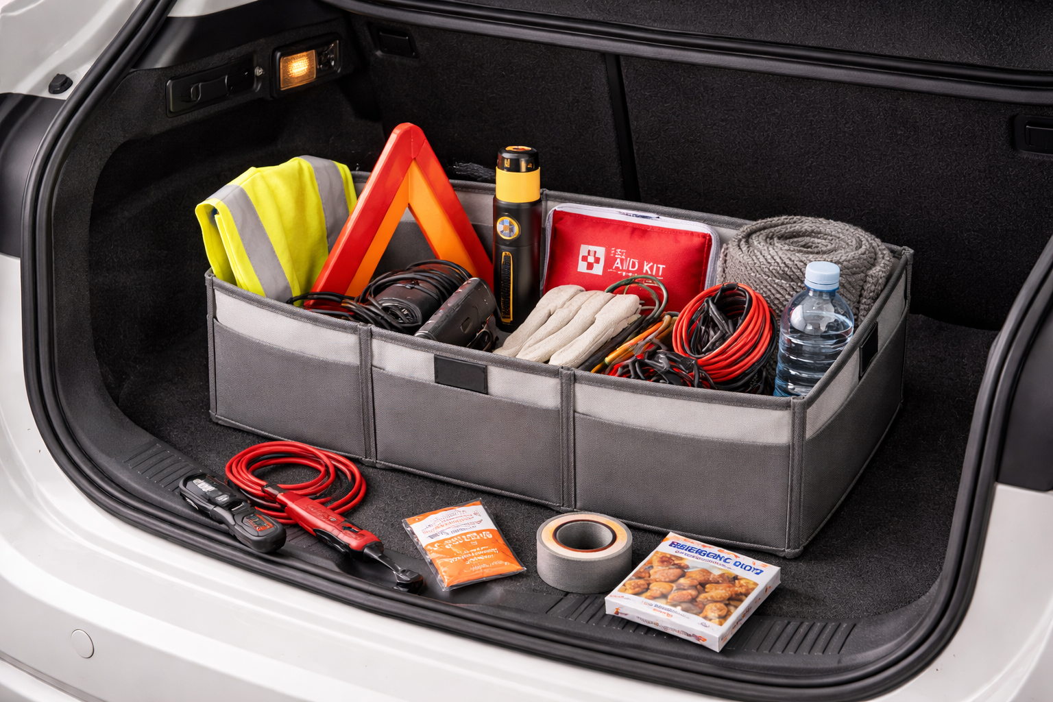 A neatly organized car trunk emergency kit in a compact tote, featuring a flashlight, phone power backup, simple tools, and comfort items arranged for quick roadside readiness.