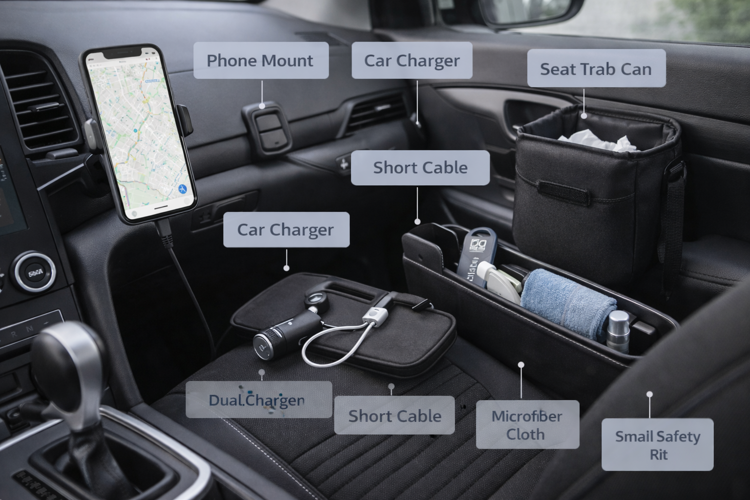 Minimal car commute essentials arranged neatly—phone mount, car charger, short cable, small trash bag, microfiber cloth, and a compact organizer in soft natural light.