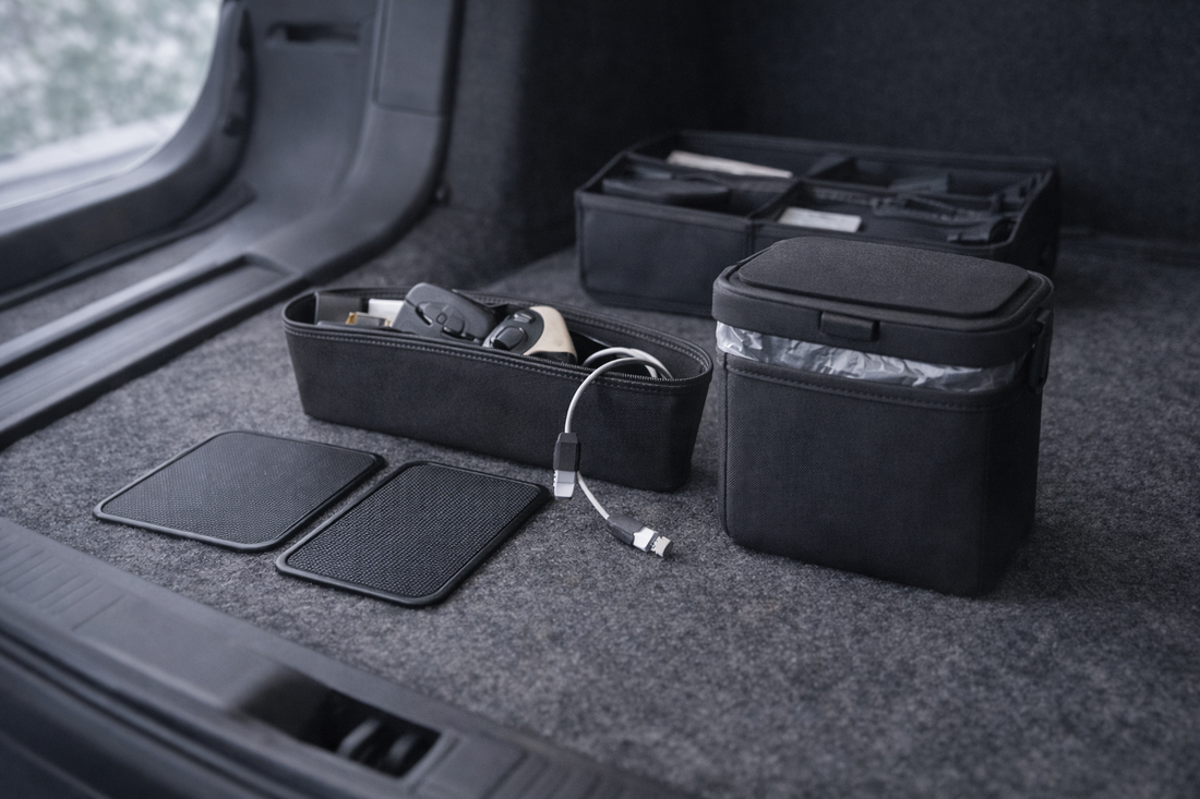 Minimal car organization essentials arranged neatly—anti-slip mats, seat gap organizer, short charging cable, compact trash solution, and a trunk organizer pouch in soft natural light.