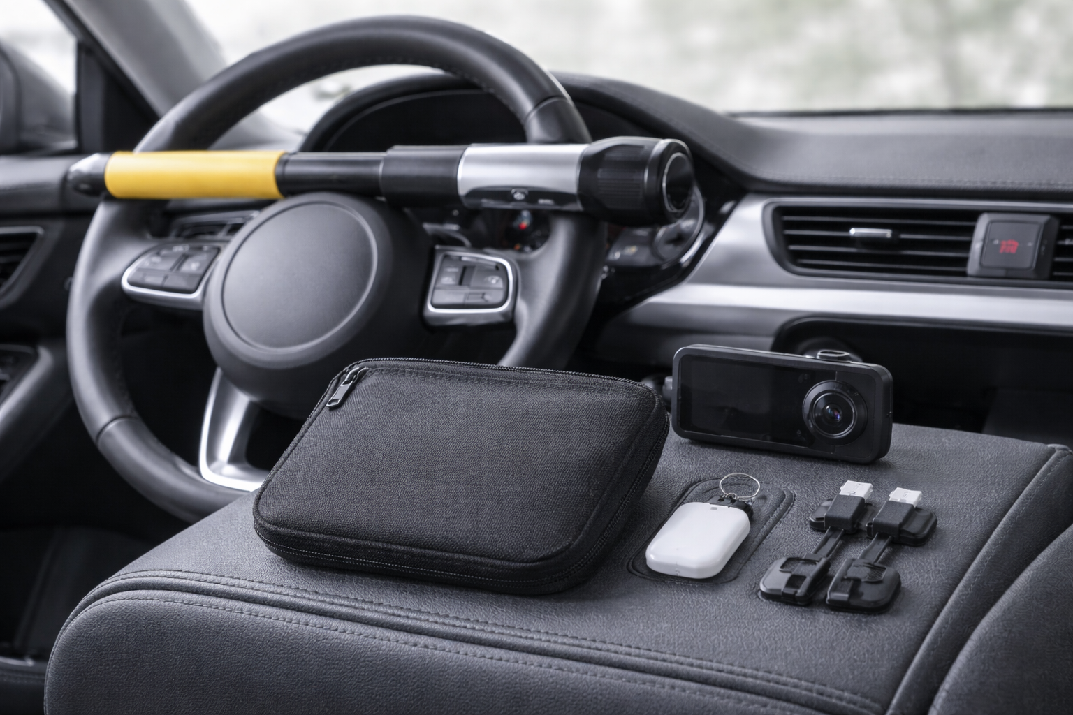 Minimal car security essentials arranged neatly—steering wheel lock, compact dash cam, small tracker tag, cable clips, and a discreet storage pouch in soft natural light.