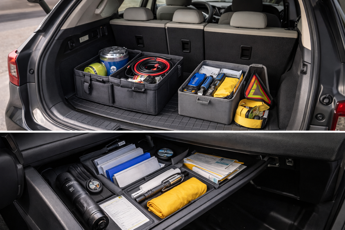 Organized car trunk and glovebox essentials including a tire inflator, compact toolkit, charger, and safety gear for road-trip readiness