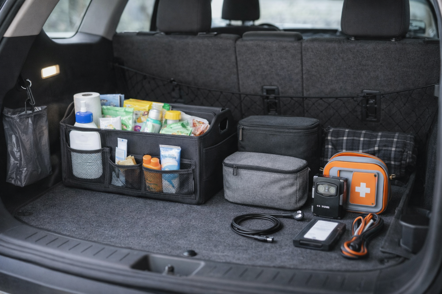 Minimal road trip car organization essentials arranged neatly—trunk organizer bin, cargo net, zipper pouches, small trash bag, charger cable, and a compact safety kit in soft natural light.