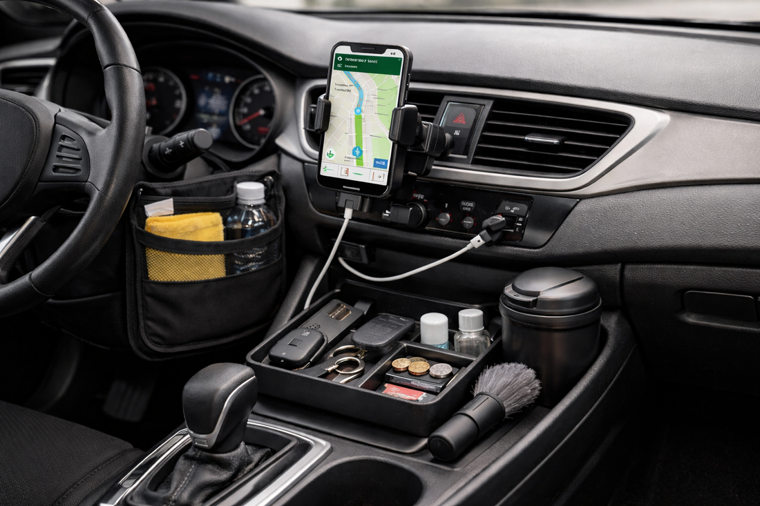 A modern car interior featuring a secure phone mount, neatly organized console tray, and compact cleaning tools, representing a practical driver essentials setup for everyday driving.