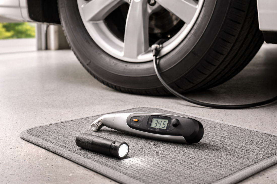 A clean garage scene with a tire pressure gauge next to a car tire and a small flashlight, representing a quick monthly tire pressure check routine.