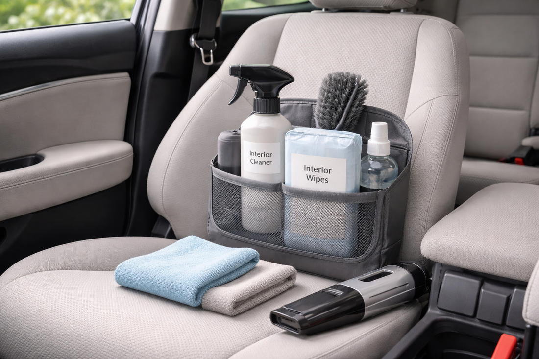 A clean car interior with microfiber cloths and a small interior cleaning kit on the passenger seat, showing a simple weekend reset routine for a fresh, tidy vehicle.