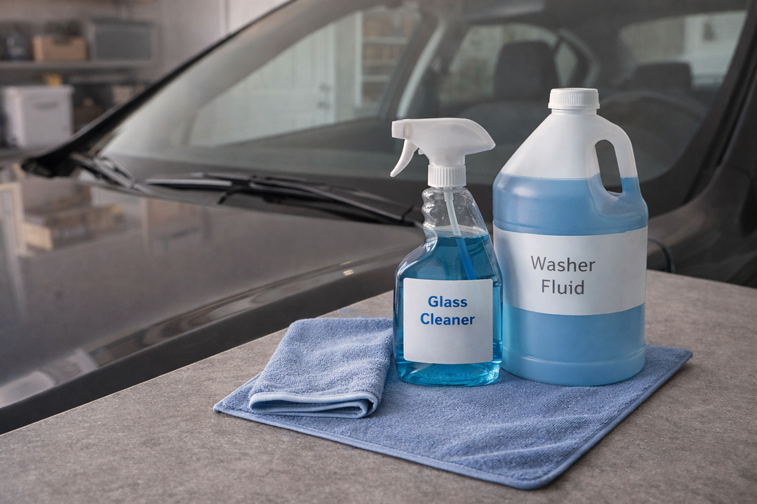 A clean car windshield with a microfiber cloth, glass cleaner, and washer fluid placed neatly on a garage surface, representing a simple visibility and wiper maintenance routine.