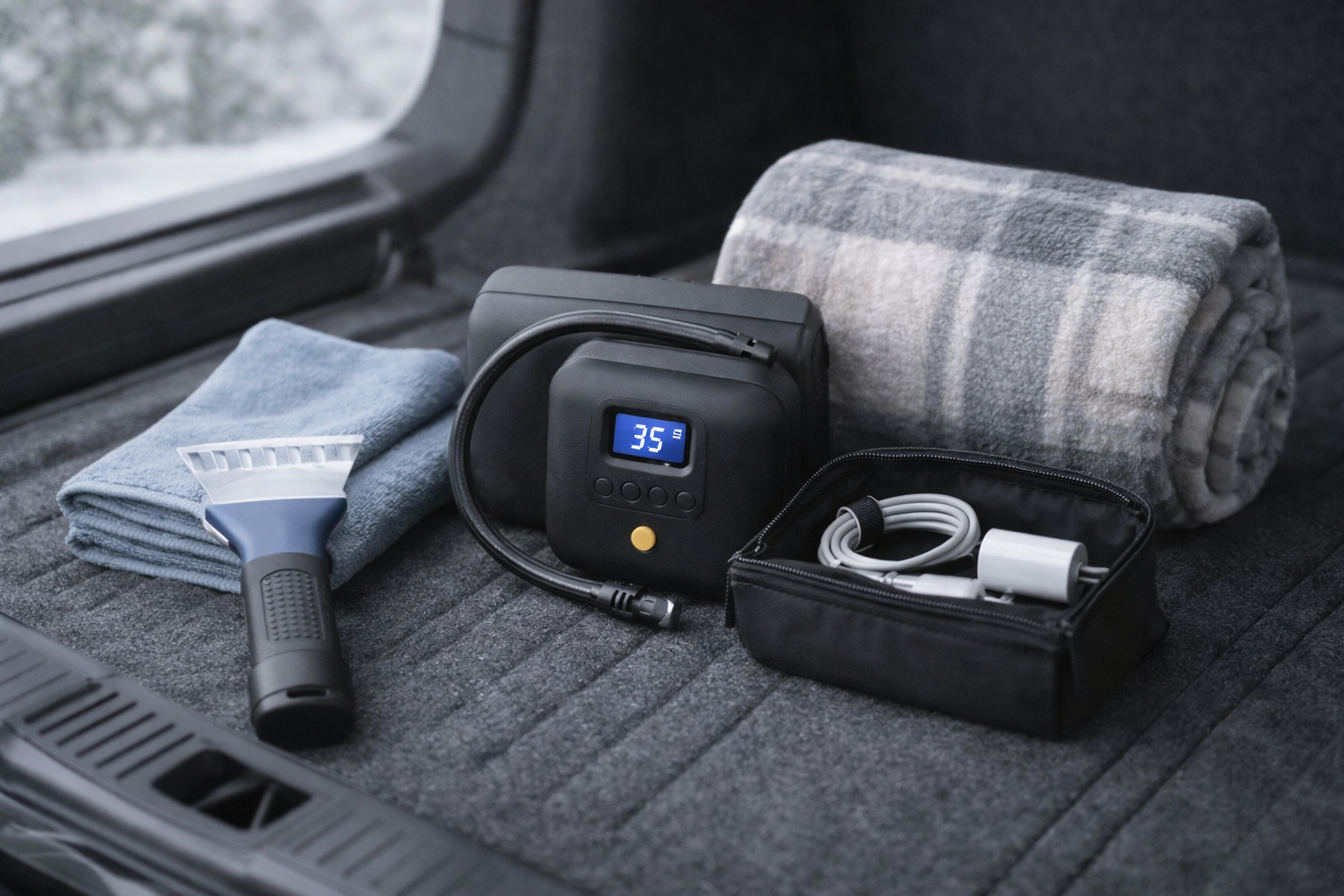 Minimal winter car essentials arranged neatly—ice scraper, microfiber cloth, compact tire inflator, phone charger, small organizer pouch, and a warm blanket in soft natural light.