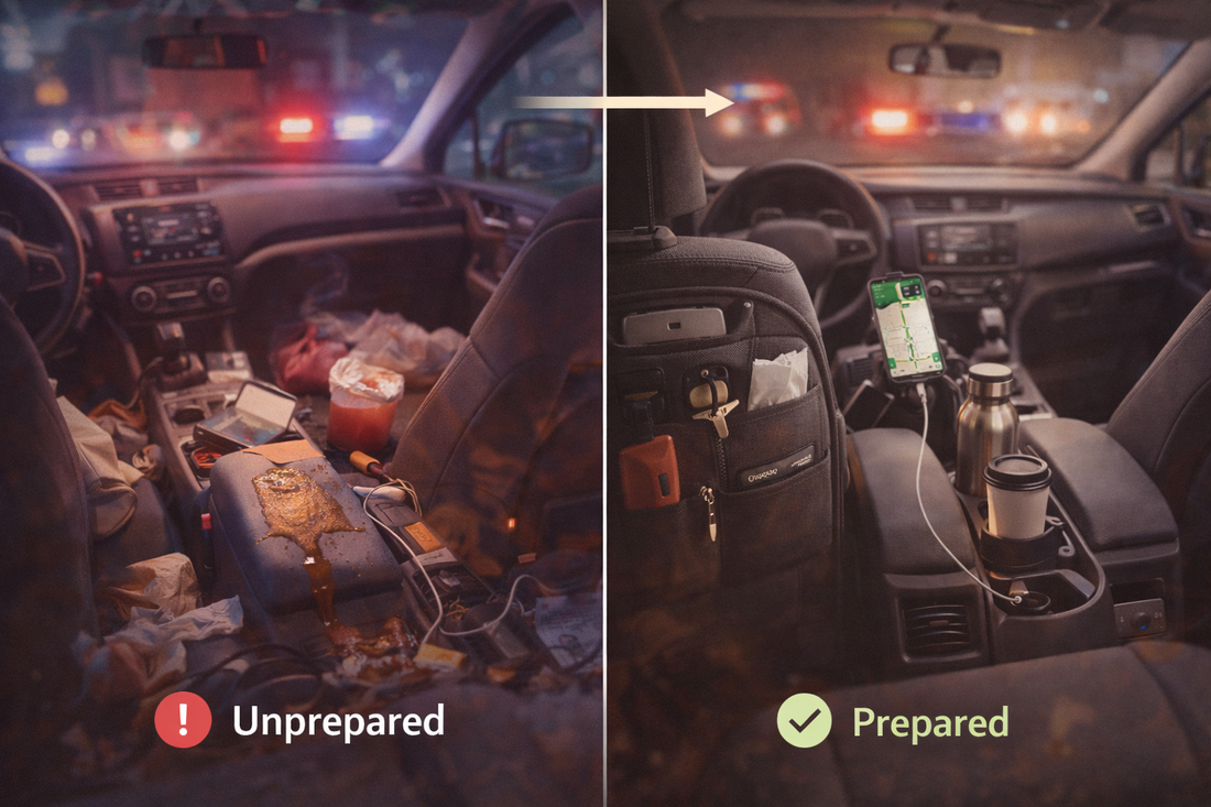 Comparison of an unprepared car interior and an organized vehicle setup showing how interior organization supports emergency readiness and safe daily driving.