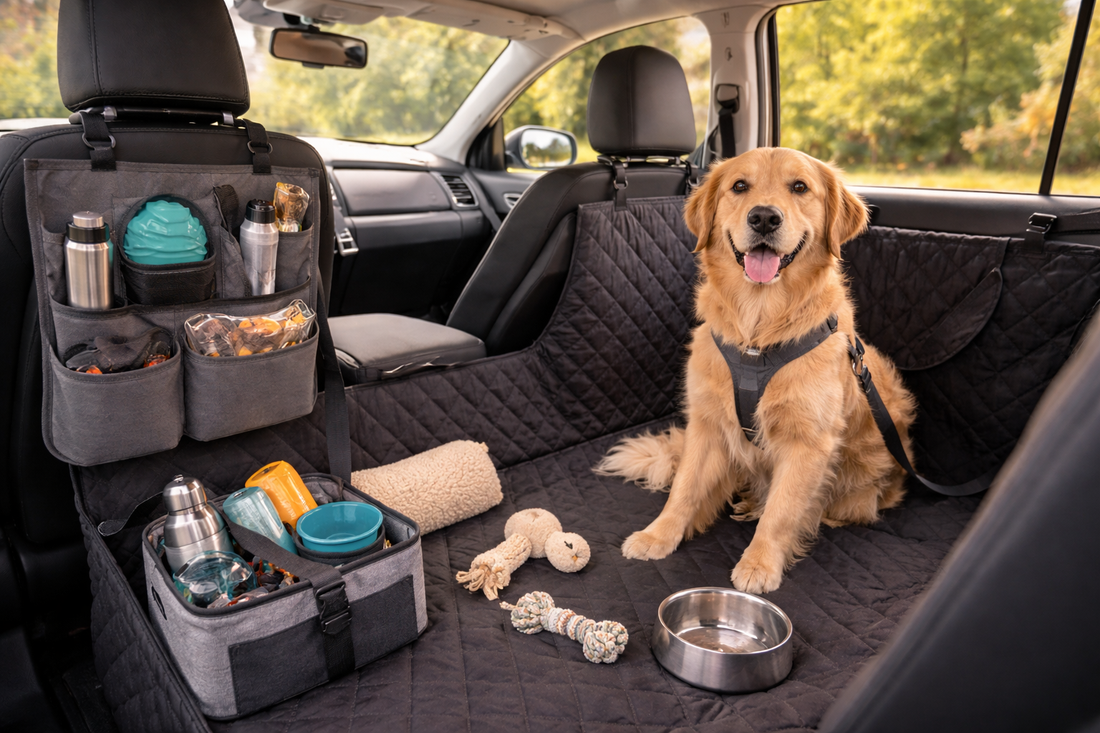 dog sitting in a car with a quilted seat cover, travel organizer, bowls, and pet travel accessories arranged for a safe road trip