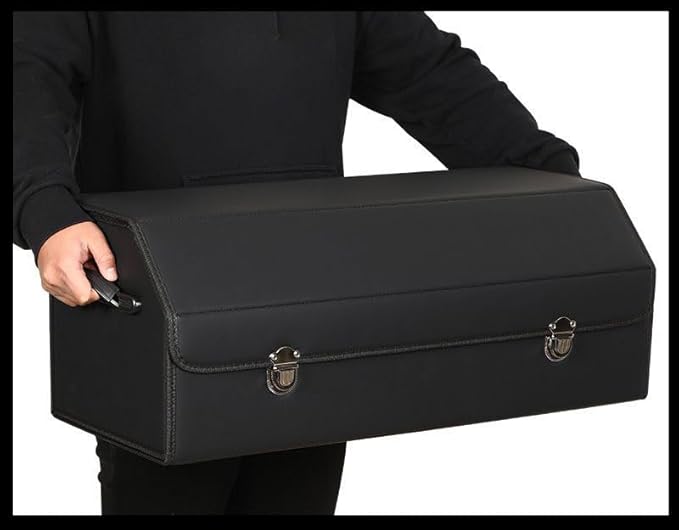 Leather Storage Box Car Trunk Organizer for Trunk SUV Sedan, Leather Foldable Storage Box with Lid (Black 14.9" L*12.2" W*11.8" H)