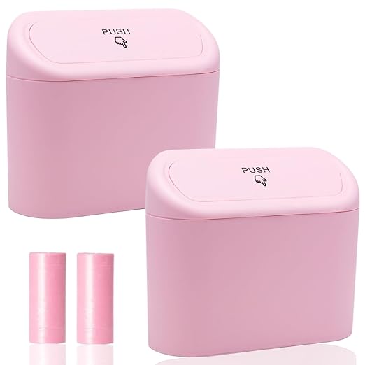 Car Trash Can Bin with Lid - 2 Packs Universal Vehicle Mini Leakproof Garbage Can Bin with 40pcs Trash Bags Can Organizer Storage for Front Back Seat Accessories for Auto Office Bedroom Home(Pink)