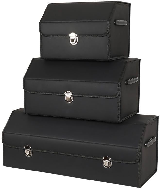 Leather Storage Box Car Trunk Organizer for Trunk SUV Sedan, Leather Foldable Storage Box with Lid (Black 14.9" L*12.2" W*11.8" H)