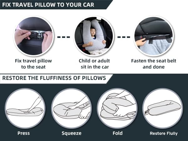 Car Travel Pillow for Adults Kids, Comfortable Sleeping Pillow for Road Trips, Soft Support Cushion for Head and Body in Back Seat, Sleep Aid for Long Car Journeys, Gray