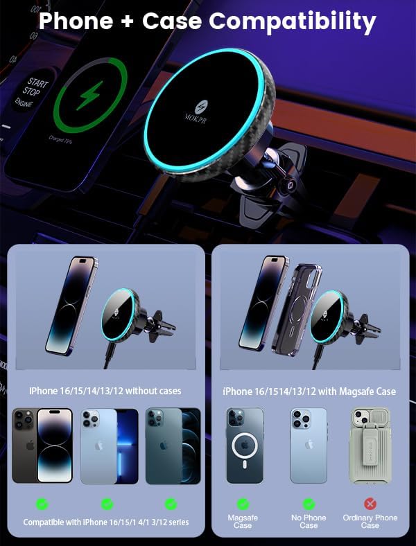 MOKPR for Magnetic Car Mount Charger-15W Wireless Car Charger-Magnetic Car Phone Holder for Dash Air Vent-LED RGB HandsFree Car Mount Fast Car Charger for iPhone 14/13/12 Series Carbon Fiber