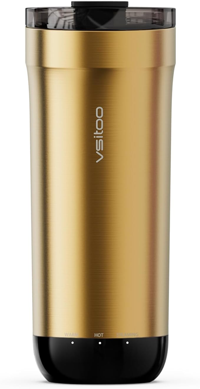 VSITOO S5 heated travel mug,16oz, Auto-Sensing AI Heats Drinks To 120-150°F Hands-Free. Temperature Control for All Cars, Perfect for Home/Office/Travel/Outdoor, Ideal Gift for Coffee Lovers - Gold