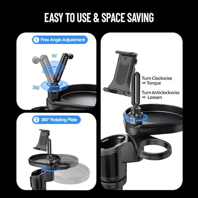 4 in 1 Car Table Tray，360° Rotation Cup Holder Tray for Car ，Mobile Phone Holder Car Cup Holder Tray ， Compatible with Vehicles, Car, Road Trip Essentials