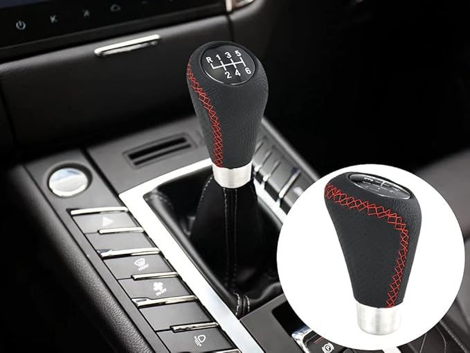 Lunsom 6 Speed Manual Shifter Knob PU Gear Shift Handle Leather Car Shifting Lever Head Accessories Fit Most Vehicle (Red Suture)