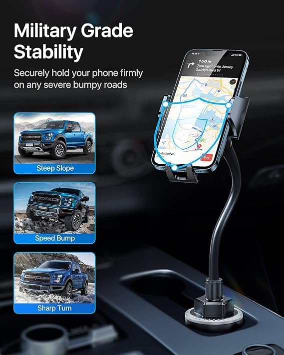 andobil Military-Grade Cup Phone Holder for Car/Truck, [2026 Enhanced] 13" 360° Adjustable Gooseneck w/Anti-Shake Car Mount, Universal Car Phone Holder for iPhone/Samsung All 4.0-7.0" Devices, Blue