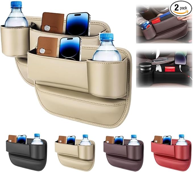 Car Leather Cup Holder Gap Bag, Car Seat Gap Filler Organizer with Water Cup Holder and Phone Charging Hole (White, A Pair)