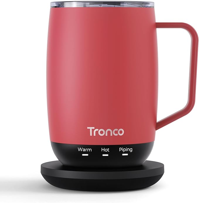 Tronco Temperature Control Heated Coffee Mug 14 oz – Rechargeable Self-Heating Coffee Cup with Lid – Manual Control, 3 Modes, 130 Min Battery Life, Auto Shut-Off (Rose)