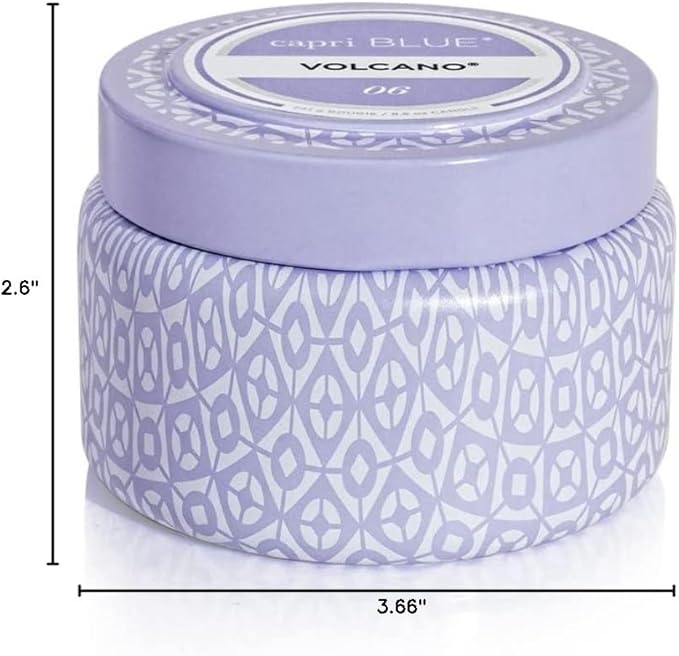 Capri Blue Volcano Printed Travel Tin Jar Candle - Luxury Candle with a Long Lasting Soy Wax Blend - Scented with Tropical & Fruity Fragrance (Lavender Color, 8.5 oz)