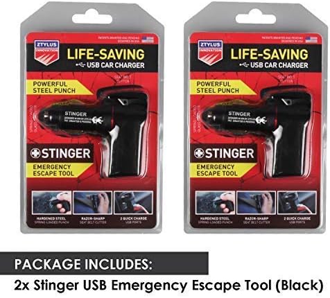 Ztylus Stinger Car Emergency Tool, Spring-Loaded Window Breaker, Car Safety Hammer, Seatbelt Cutter and Window Glass breaker, Car Escape Tool, USB Car Charger, 2 USB Ports Max 2.4A (2 pcs Black Combo)