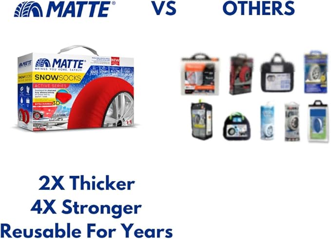 MATTE Automotive Snow Socks for Tires for Ultimate Grip Snow Chain Alternative Traction Device for Truck SUV Van Car Textile Winter Emergency Kit Auto Accessory, Tire Sock - Active Series (X-Small)