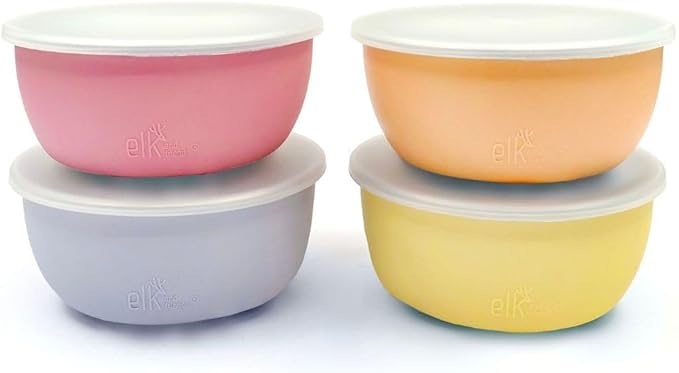 Elk and Friends Stainless Steel Bowls + Silicone Sleeve and Storage Lid | Baby, Toddler, Kids | Cereal & Snack Bowls | Storage Containers | Dishwasher Safe | 4 Pack