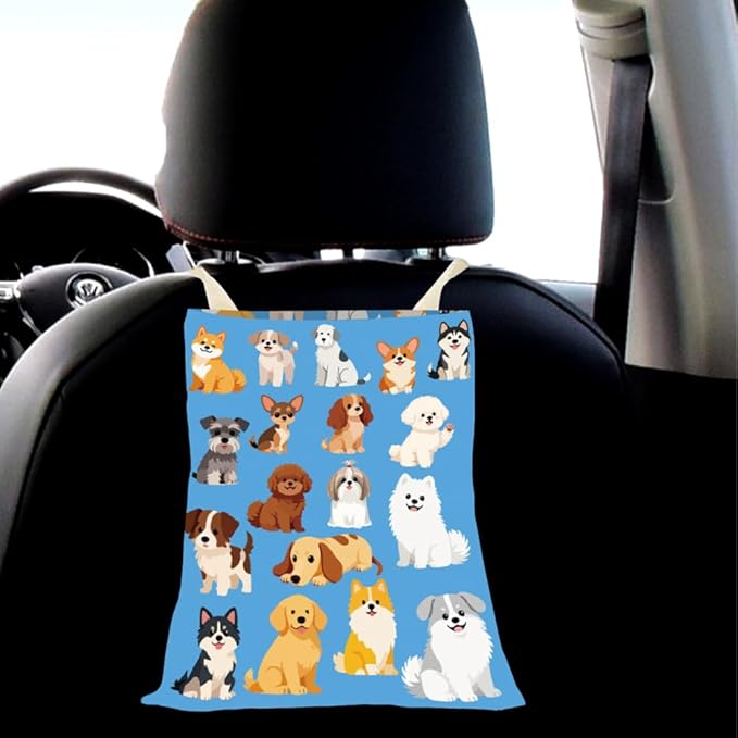 Car Trash Can Dog Proof Cute Car Trash Bag Blue Animal Pattern Polyester Washable Waterproof Cute Back Seat Organizer Storage Bin for Vehicle Interior Travel Accessories Reusable Leak Proof