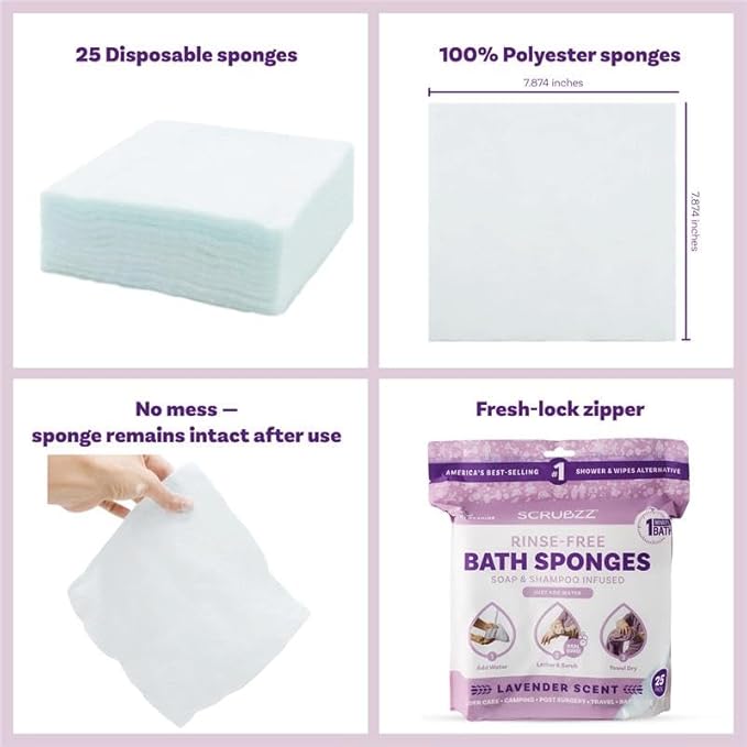 Scrubzz Disposable No Rinse Bathing Wipes - All-in-1 Single Use Shower Wipes, Simply Dampen, Lather, and Dry Without Shampoo or Rinsing (Lavender, 4-Pack)