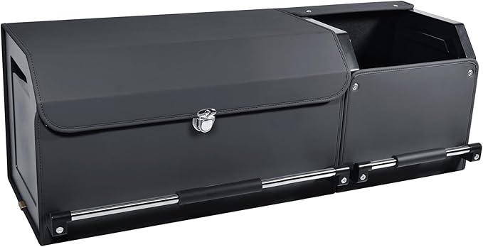 Car Trunk Organizer, Collapsible Leather Car Trunk Storage Organizer with Lid and Sturdy Handle Car Organizer and Storage for SUV, Truck, Sedan (Black, 36.2 x 11.4 x 12.2in)