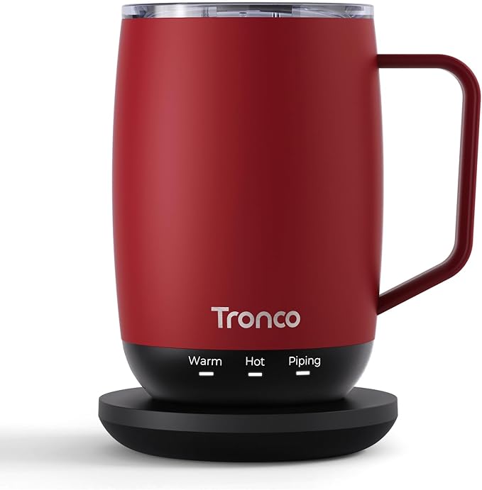 Tronco Temperature Control Heated Coffee Mug 14 oz – Rechargeable Self-Heating Smart Mug with Lid – Manual Control, 3 Modes, 130 Min Battery Life, Auto Shut-Off (Crimson)