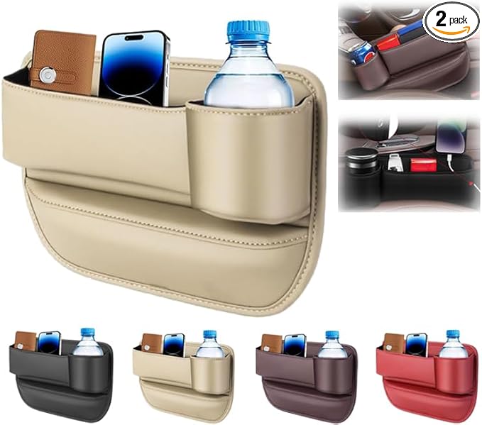 Car Leather Cup Holder Gap Bag, Car Seat Gap Filler Organizer with Water Cup Holder and Phone Charging Hole (White, Passenger Side)