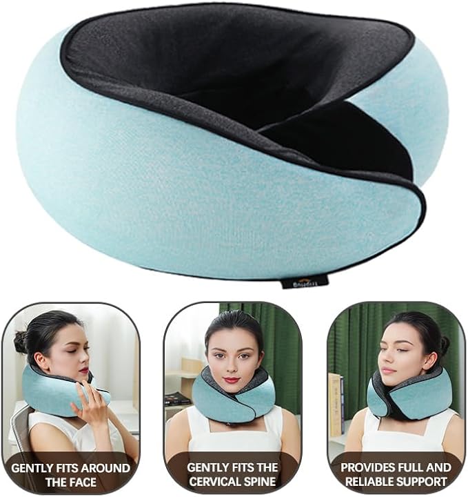 Travel Neck Pillow | Memory Foam Neck Pillow, New Portable U-Shaped Pillow with Neck Support, Washable Cover, Compact for Plane, Office, Bus, Train, Sofa, Nap–Includes Storage Bag - Cyan