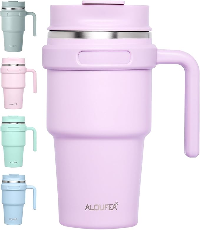 ALOUFEA 20 oz Insulated Coffee Mug Tumbler with Handle, Stainless Steel Travel Mug Tumbler with Lid and Straw,Double Wall Vacuum Leak Proof Ice Coffee Thermal Cup, Lavender