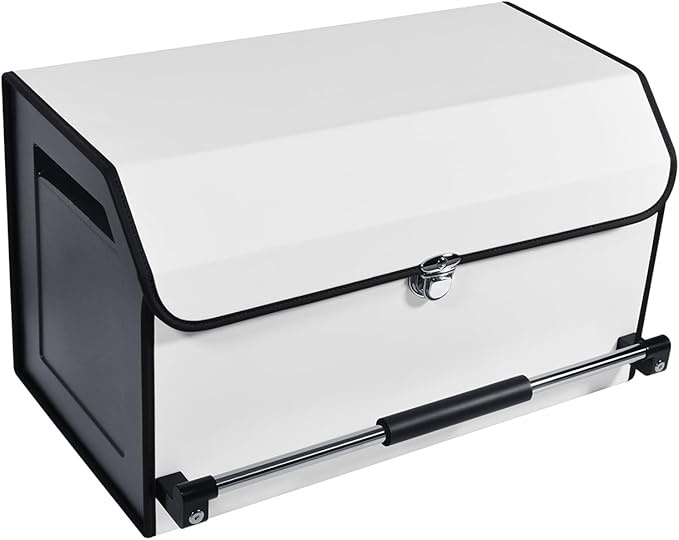 Car Trunk Organizer, Leather Collapsible Trunk Organizer for suv with Lid and Push-pull Handle Car Trunk Storage Organizer for Cars, SUV, Minivan, Truck, Sedan (White)