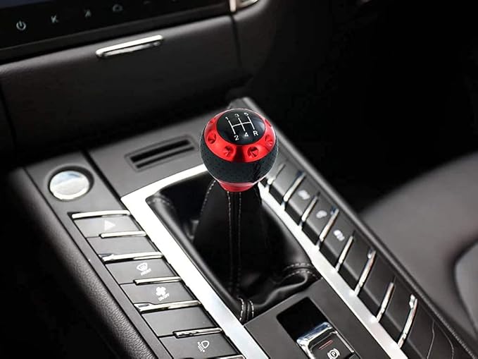 Lunsom 5 Speed Leather Shift Knob, Manual Transmission Handle Ball Gear Stick Shifter Head Fit Most Transmission Vehicle (Red&Black)