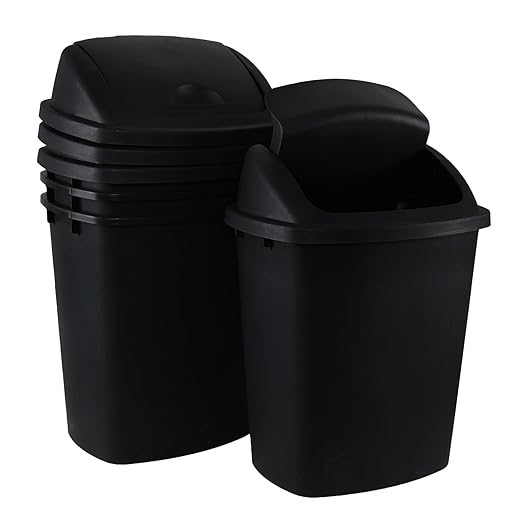 10 Gallon Plastic Swing Lid Trash Can, Black Swing Top Garbage Can, Kitchen Waste Bin, 4 Packs