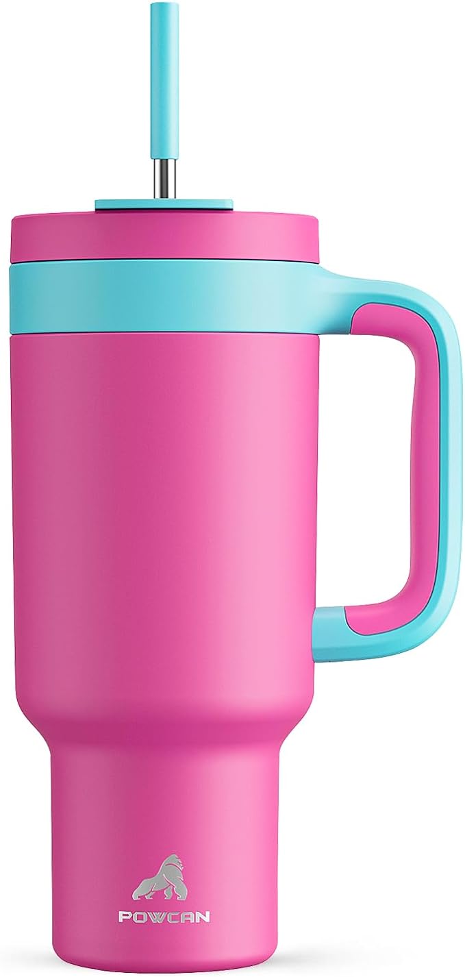 POWCAN 40 oz Tumbler with Handle, 2-in-1 Straw and Sip Lid, Leakproof, Dishwasher Safe, Insulated Stainless Steel Travel Coffee Mug, Keeps Cold for 34 Hours, Fits in Car Cup Holder (Petal)