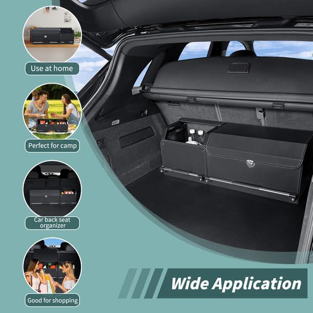 Car Trunk Organizer, Collapsible Leather Car Trunk Storage Organizer with Lid and Sturdy Handle Car Organizer and Storage for SUV, Truck, Sedan (Black, 36.2 x 11.4 x 12.2in)
