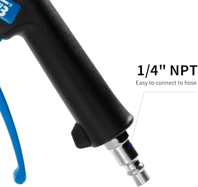 1/4" NPT Angled Quiet Blow Gun Compressed Air Tool, 4.2-in Long Reach & Scratch-Free ABS Nozzle for Engine Bay & Interior Cleaning