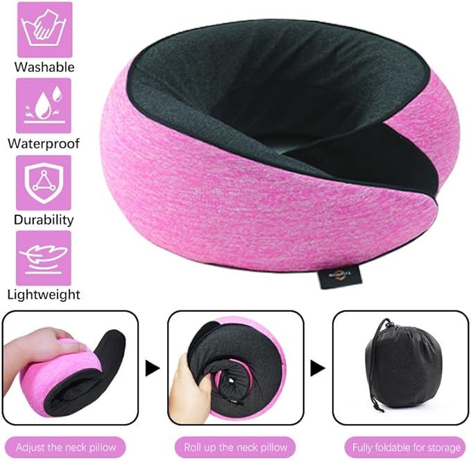 Travel Neck Pillow | Memory Foam Neck Pillow, New Portable U-Shaped Pillow with Neck Support, Washable Cover, Compact for Plane, Office, Bus, Train, Sofa, Nap–Includes Storage Bag - Pink