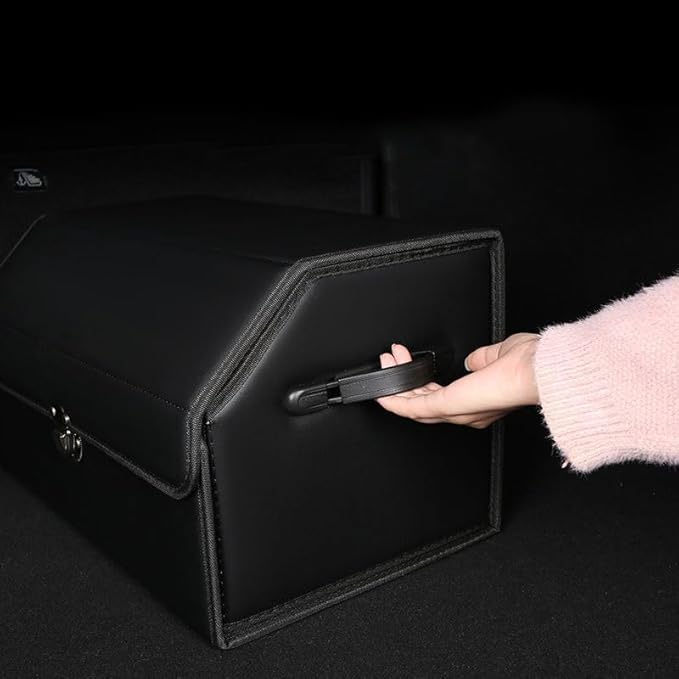 Leather Storage Box Car Trunk Organizer for Trunk SUV Sedan, Leather Foldable Storage Box with Lid (Black 29.5" L*12.2" W*11.8" H)
