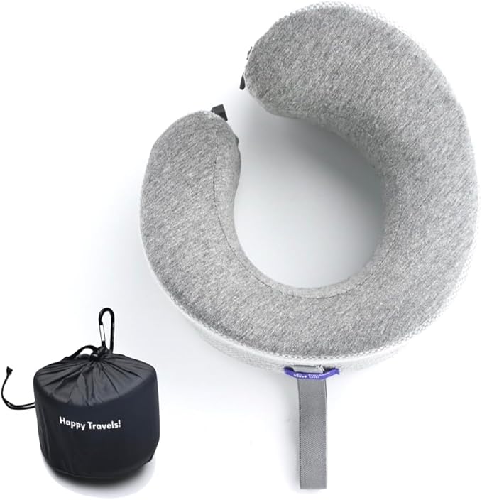 C CUSHION LAB Travel Pillow, Award-Winning Patented Ergonomic Design for Chin & Neck Support Memory Foam Neck Pillow, Compact Airplane Pillow for Traveling, Flight, Car (Gray, Large)